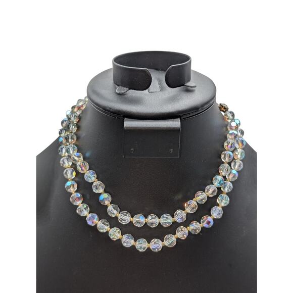 Vintage Double Strand Aurora Borealis Crystal Gold Bead 13"-15" Choker Necklace - Picture 8 of 8